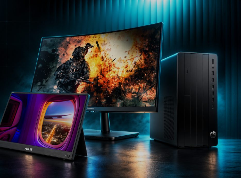 Monitors and a desktop computer