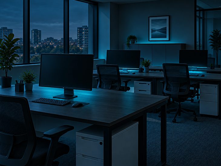 A workspace set up with monitors and computers